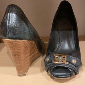 Black Tory Burch leather wedges
